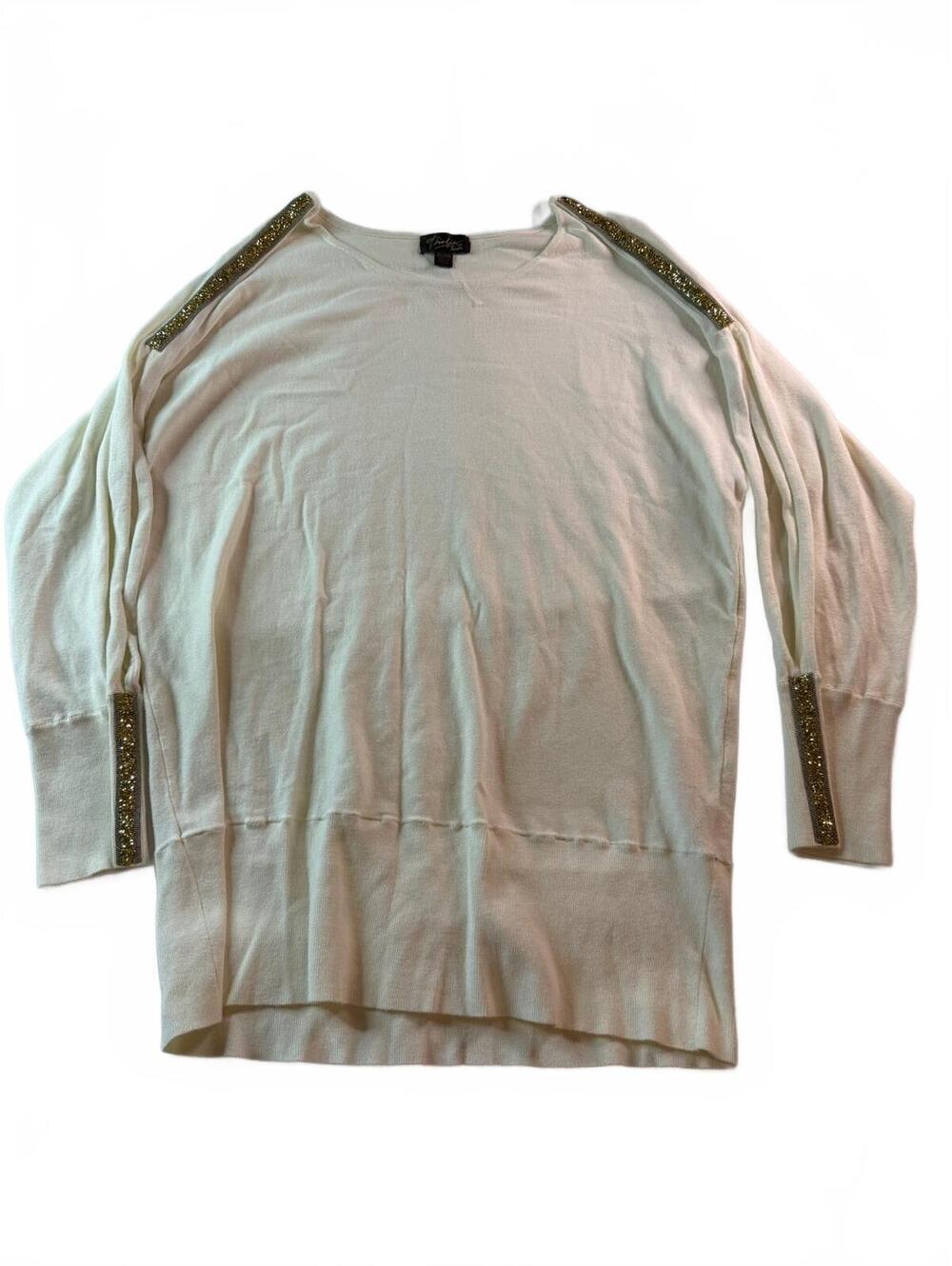 Thalia Sodi XL Ivory Knit Sweater with Beaded Shoulder and Cuff Details